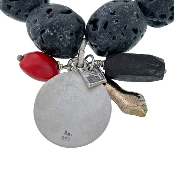 Sterling Silver 950 Black Lava Bead Figa Huayruro Knot Jet Stretch Bracelet 7" - Picture 3 of 6